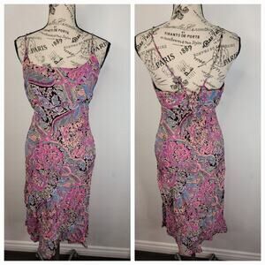 ROUGE Y2K Fairy Midi Slip Dress SZ M Pink Paisley Spaghetti Straps Lace Up Back
